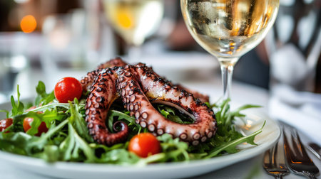 Close-up of grilled octopus served on a bed of arugula and cherry tomatoes, with a glass of white wine and elegant silverware on a linen tablecloth in a refined restaurant.の素材