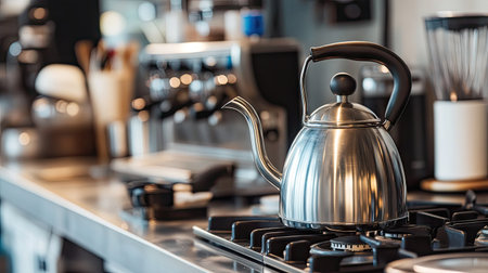 A stainless steel gooseneck kettle boiling water on a stovetop in a modern kitchen, with a neatly arranged coffee-making setup in the background.の素材
