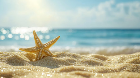 A close-up of a single starfish partially buried in golden sand, with the ocean glistening in the background under the bright summer sky.の素材