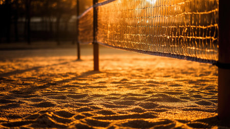 A volleyball on an empty court as the sun sets, casting golden light on the sand and net, evoking a quiet, serene atmosphere.の素材