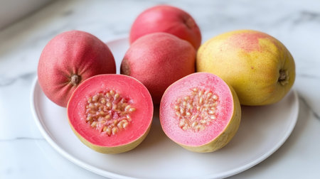 Red guavas arranged on a white plate, with a few cut in half to show the bright pink flesh and tiny seeds, perfect for a fresh fruit display.の素材