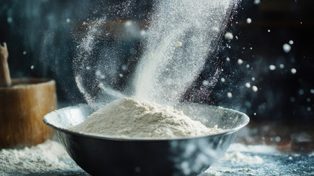 A dynamic shot of flour being sieved, with flour particles suspended in the air, creating an artistic flair while preparing for baking.の素材
