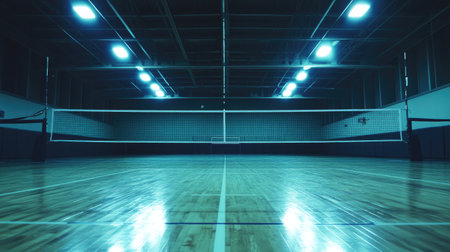 A volleyball in the foreground of an indoor court, with a net and clear, freshly painted lines visible on the hardwood floor under bright lights.の素材