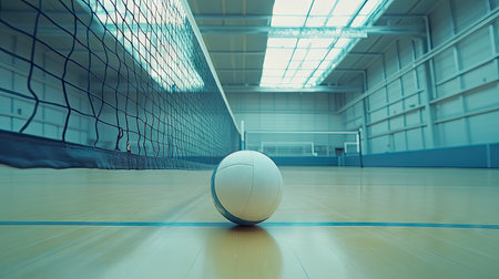 A volleyball positioned under the net in an indoor sports hall, the ball perfectly aligned with the center line of the court, ready for action.の素材