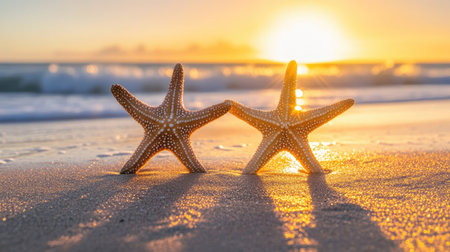 Two starfish placed side by side on the beach, with the sun setting in the background, casting a golden hue over the sand and waves. A peaceful summer evening scene.の素材