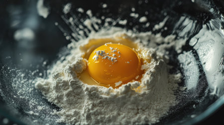 A vibrant shot of flour with an egg yolk in a glass bowl, illuminated by natural light, highlighting the textures and colors of the ingredients.の素材