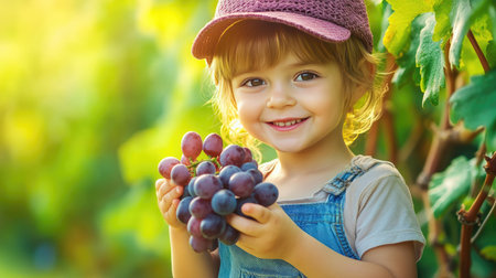 A charming scene of a child holding a bunch of grapes, with a playful smile, emphasizing the fun and healthy aspects of snacking on fruits.の素材