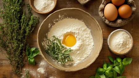 A charming kitchen scene with a bowl of flour and an egg yolk, alongside fresh herbs and spices, creating a rustic and inviting atmosphere for cooking.の素材