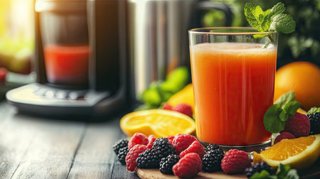 A freshly made glass of fruit juice next to a juicer, showcasing vibrant colors from a mix of berries, citrus, and greens, emphasizing a nutritious choice.の素材