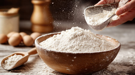 A close-up of a hand sieving flour into a bowl with a rustic wooden spoon beside it, highlighting the cozy, homemade baking atmosphere.の素材