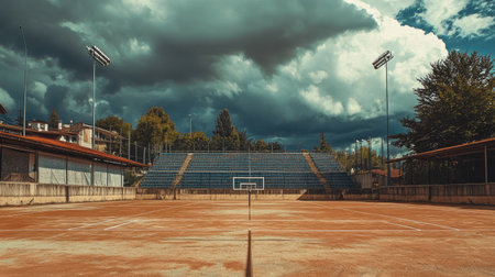 A volleyball resting just outside the boundary line of an outdoor court, with a dramatic sky and empty stands creating a quiet, competitive atmosphere.の素材