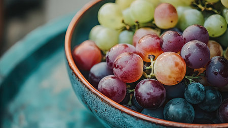 A close-up of an assortment of grapes in a bowl, with some grapes cut in half to reveal their juicy interior, creating an appetizing display.の素材