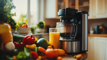 A close-up shot of a juicer machine with juice running down the spout, surrounded by fresh produce, emphasizing the freshness and healthiness of homemade juice.の素材