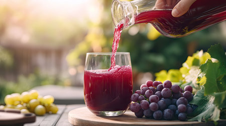 A dynamic image of a hand pouring grape juice from a pitcher into a glass, with fresh grapes on the side and a bright, cheerful setting.の素材