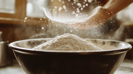 A slow-motion shot of flour being sifted into a bowl, capturing the fine texture and lightness of the flour as it falls gracefully into the mixing bowl.の素材