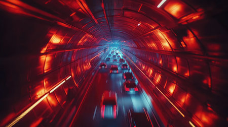Aerial perspective of cars entering and exiting a brightly lit highway tunnel, showing heavy traffic flow.の素材