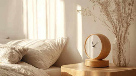 A minimalist round alarm clock with a wooden base, placed on a bedside table with a cozy bed in the background, creating a serene morning vibe.の素材