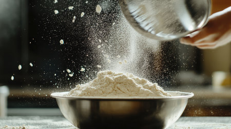 A slow-motion shot of flour being sifted into a bowl, capturing the fine texture and lightness of the flour as it falls gracefully into the mixing bowl.の素材
