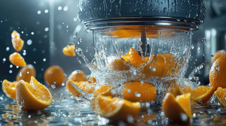A close-up of a powerful juicer in action, extracting juice from ripe oranges and apples, with droplets splashing and fruit pieces nearby.の素材