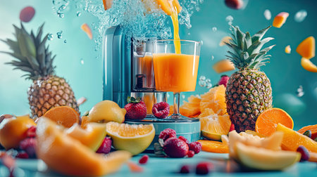 A modern juicer machine surrounded by a colorful array of fresh fruits, with vibrant juice flowing into a glass, highlighting a healthy lifestyle.の素材