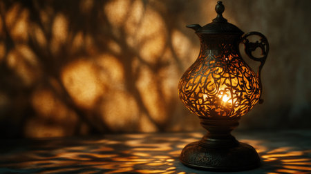 Antique oil lamp with intricate carvings, emitting a warm glow in a darkened room with shadows dancing on the walls.の素材