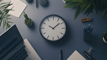 A top-down view of a round alarm clock on a minimalist desk, surrounded by office supplies and a laptop, emphasizing a tidy workspace.の素材
