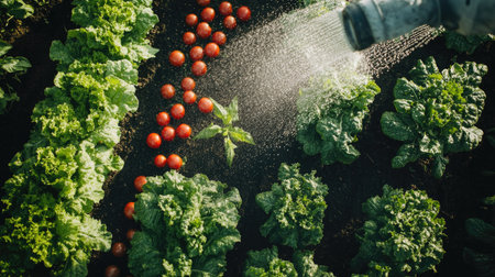 An overhead view of a thriving vegetable garden being watered, with tomatoes, lettuce, and peppers in neat rows glistening in the sunlightの素材