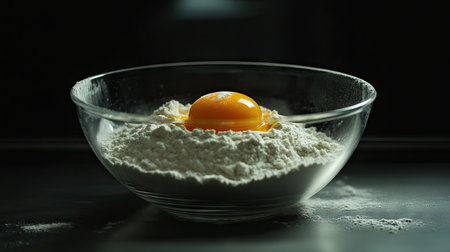 A vibrant shot of flour with an egg yolk in a glass bowl, illuminated by natural light, highlighting the textures and colors of the ingredients.の素材