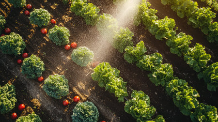 An overhead view of a thriving vegetable garden being watered, with tomatoes, lettuce, and peppers in neat rows glistening in the sunlightの素材