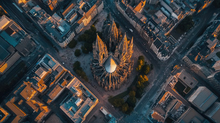 Aerial view of Cologne Cathedral surrounded by the modern cityscape, showing the contrast between old and new architecture.の素材