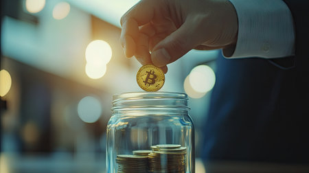 A businessman dropping a gold coin dollar into a clear jar, representing savings, investments, and long-term wealth planningの素材