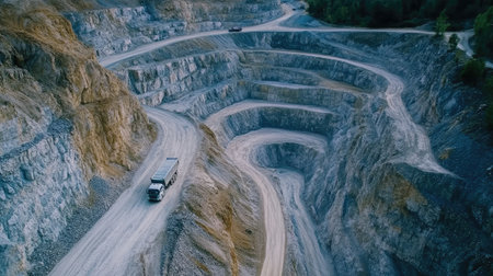 Aerial shot of an active quarry with trucks moving along winding dirt roads, surrounded by layers of exposed rock.の素材