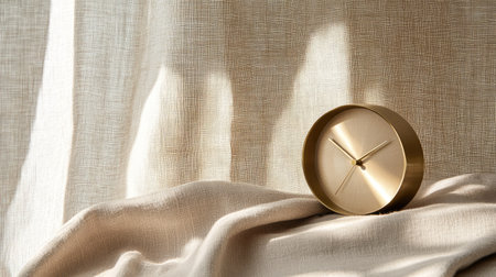 A beautifully designed round alarm clock with a brass finish, set on a soft fabric background, highlighting its minimalist style.の素材