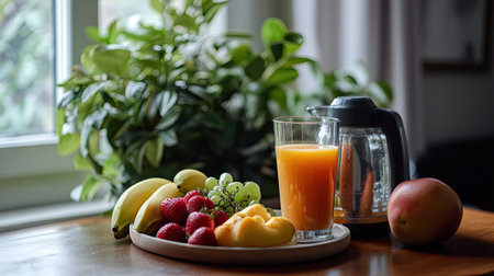 A beautifully arranged fruit platter next to a juicer, with a glass of vibrant juice, promoting the idea of healthy eating and nutrition.の素材