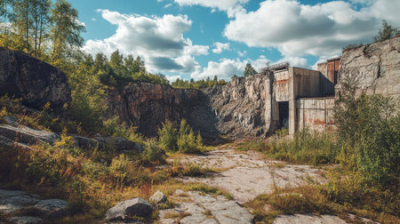 Abandoned quarry with overgrown vegetation reclaiming the rocky terrain, contrasting nature and industry.の素材