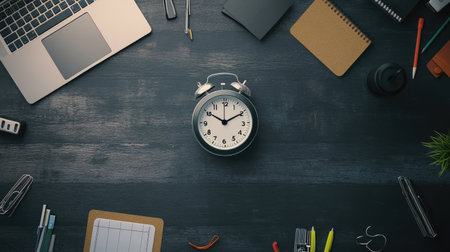A top-down view of a round alarm clock on a minimalist desk, surrounded by office supplies and a laptop, emphasizing a tidy workspace.の素材