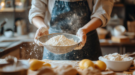 A person sieving flour with a hand sieve, their focused expression reflecting the dedication to baking, set against a cozy kitchen background.の素材