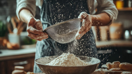 A person sieving flour with a hand sieve, their focused expression reflecting the dedication to baking, set against a cozy kitchen background.の素材