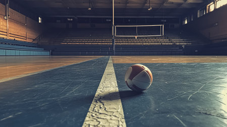 A volleyball lying on the court's painted boundary line, with the net and empty bleachers in the background, creating a quiet, pre-game atmosphere.の素材