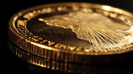 A close-up of a shiny gold coin dollar resting on a black background, highlighting its embossed design and reflective surfaceの素材