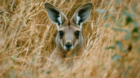 A close-up of a curious wallaby kangaroo peeking through tall grasses, its brown fur blending perfectly with the natural surroundingsの素材