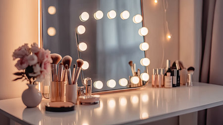 A rectangular desktop makeup mirror with a built-in LED light, positioned on a white desk with a few scattered makeup essentials. --chaosの素材