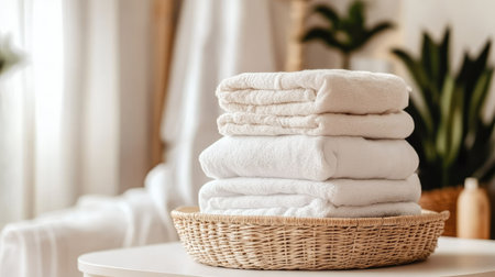A tidy stack of clean, folded laundry on a light-colored table, with fresh towels and a wicker basket showing a well-organized laundry routine. --chaosの素材
