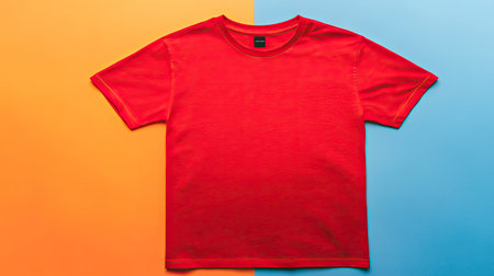 A plain red t-shirt lying flat on a pastel-colored background. The shirt has no design or logo, making it ideal for branding or customization. --chaosの素材