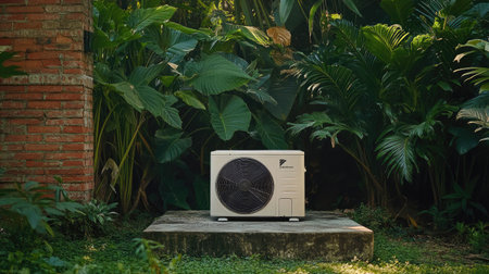 A residential outdoor air conditioning unit placed on a concrete slab near a garden, with green plants and a brick wall in the background. --chaosの素材
