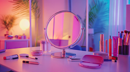 A sleek, modern desktop mirror with a silver finish, positioned on a makeup desk surrounded by scattered beauty products and accessories. --chaosの素材