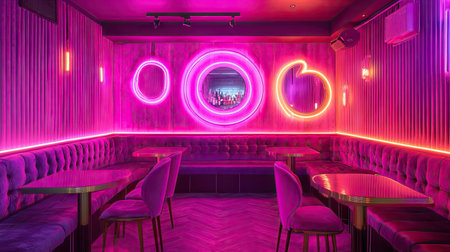 A room glowing with neon lights in pink and purple tones, creating an atmospheric feel. The space is stylishly decorated with a modern aesthetic. --chaosの素材