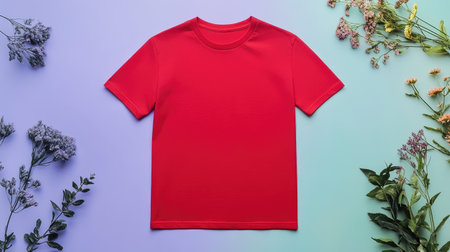 A plain red t-shirt lying flat on a pastel-colored background. The shirt has no design or logo, making it ideal for branding or customization. --chaosの素材