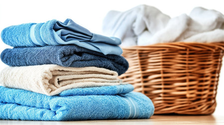 A set of clean clothes and towels, folded neatly and stacked on a laundry table, with a wicker basket full of freshly washed items nearby. --chaosの素材