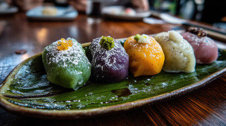 A set of colorful mochi placed on a leaf-shaped ceramic dish, with different fillings like red bean and matcha cream, showcasing the variety. --chaosの素材
